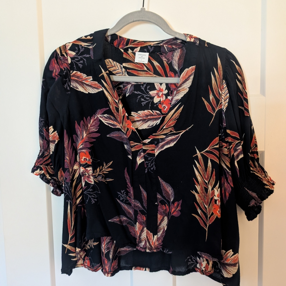 Patrons of Peace Black Floral V-Neck Blouse with Rust and Cream Accents